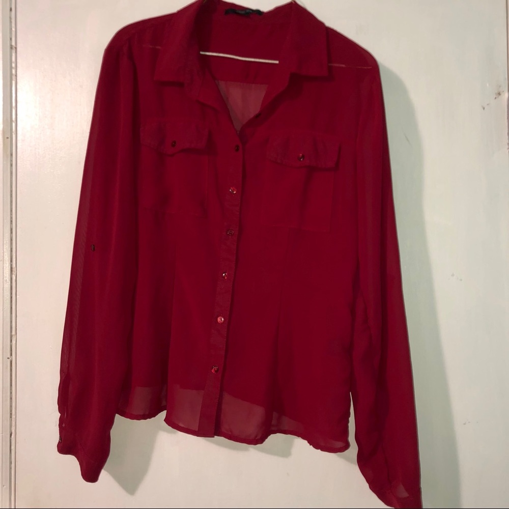 Red Mesh Flowy Cinched Button Down - image 6